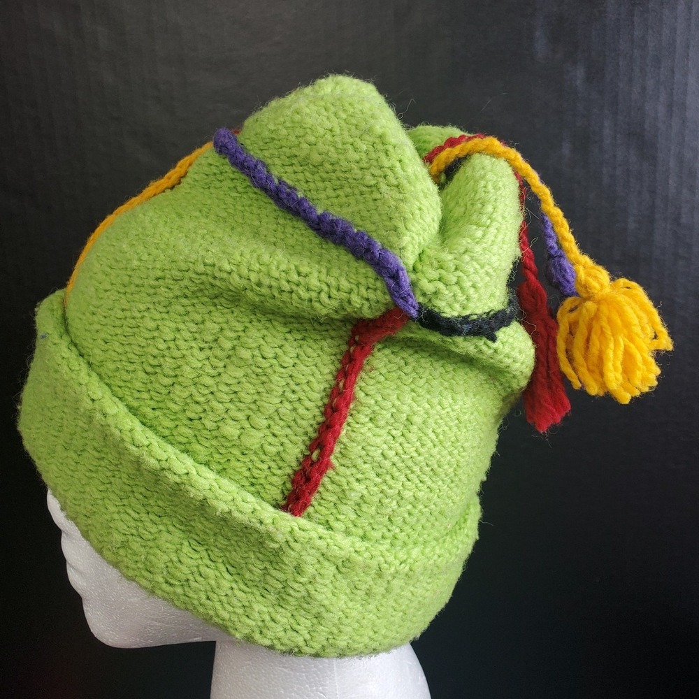 Artesania Inc. Lime Green‎ 100% Lamb Wool Hat Colorful Piping, Tassels - Bolivia